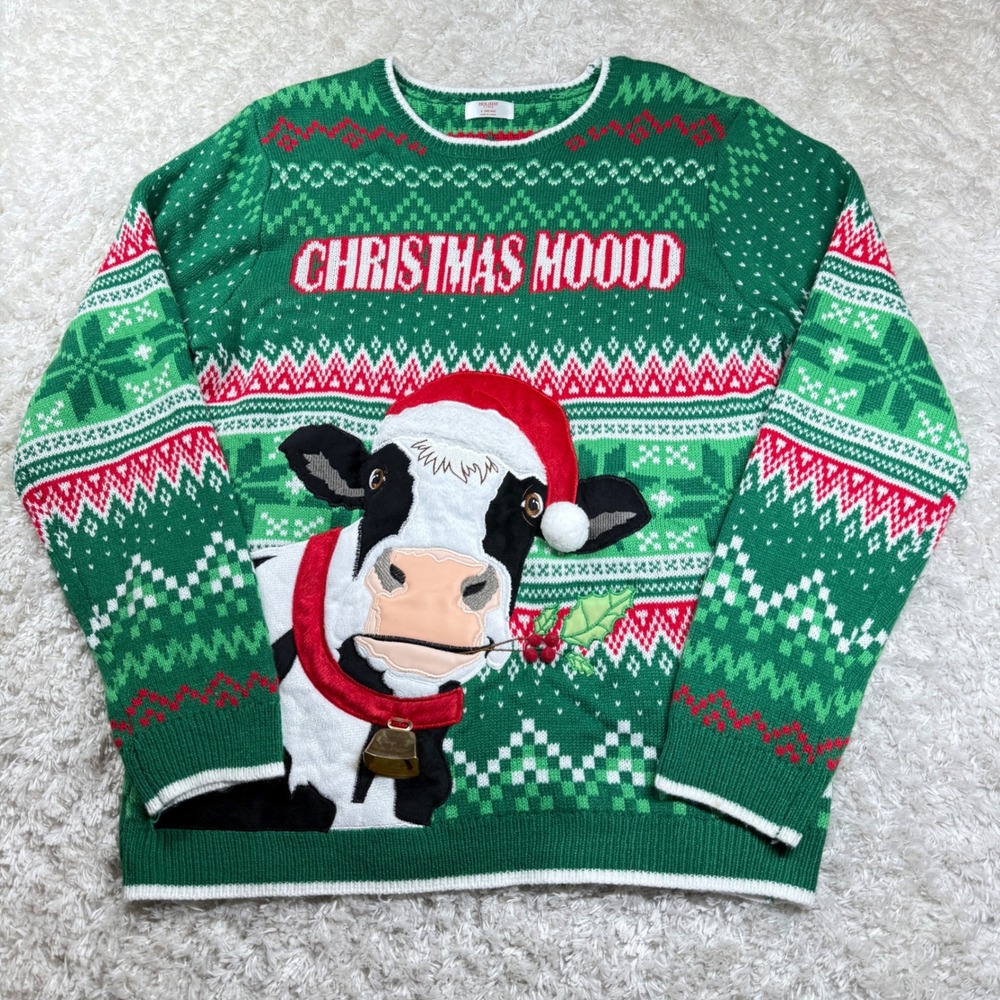 Holiday Time Christmas Moood Cow Ugly Sweater Women's Large Festive Green